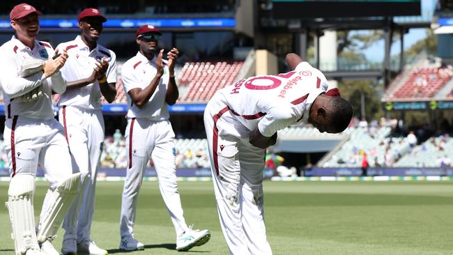 Shamar Joseph takes a bow after taking five wickets on debut. Picture: Paul Kane/Getty Images