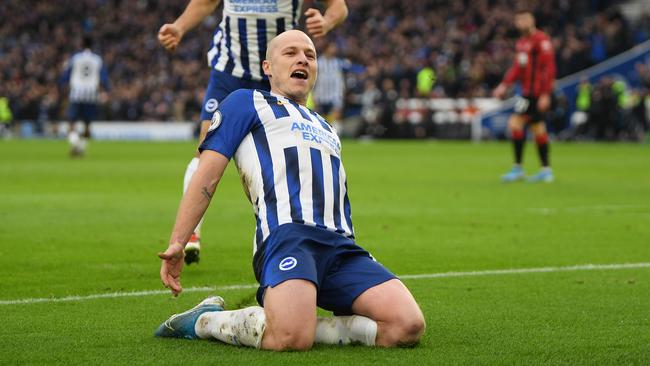 Brighton’s Aaron Mooy celebrates after scoring against Bournemouth at the AMEX Stadium. Picture: Getty Images