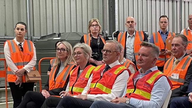 Energy Minister Chris Bowen and Prime Minister Anthony Albanese in Wodonga, Victoria. Picture: Adrian Black/AAP Image