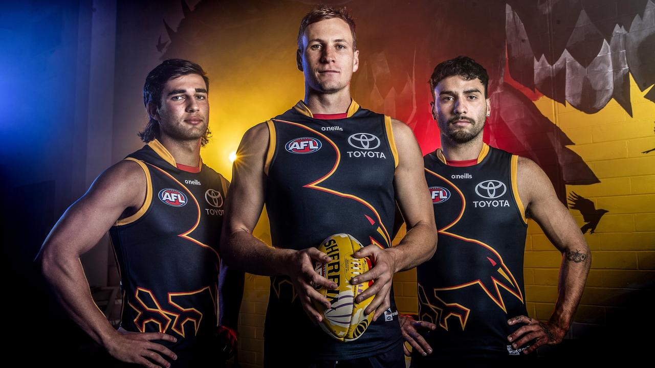 Tuesday, 11th April, 2023 - Adelaide Crows release a Gather Round Jumper - worn by Josh Rachele, Jordan Dawson and Izak Rankine. Picture: Sarah Reed via AFC