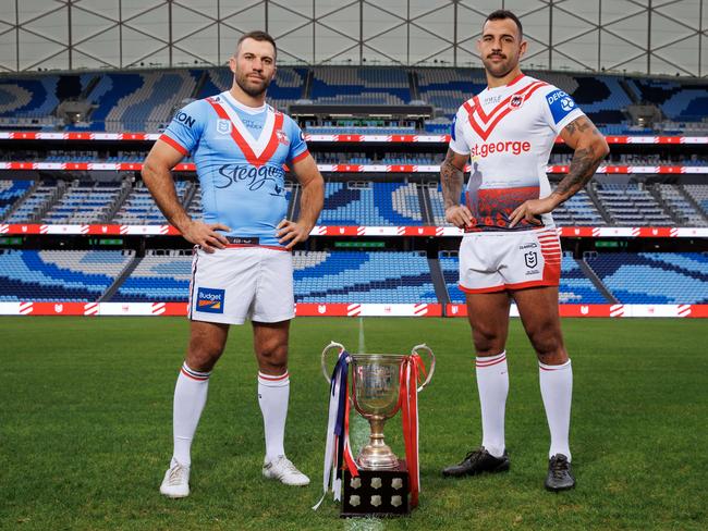 (L-R) Sydney Roosters player James Tedesco with St George Illawarra Dragons player, Josh Kerr, at Allianz Stadium ahead of Tuesday's traditional Anzac Day game. Picture: Justin Lloyd.