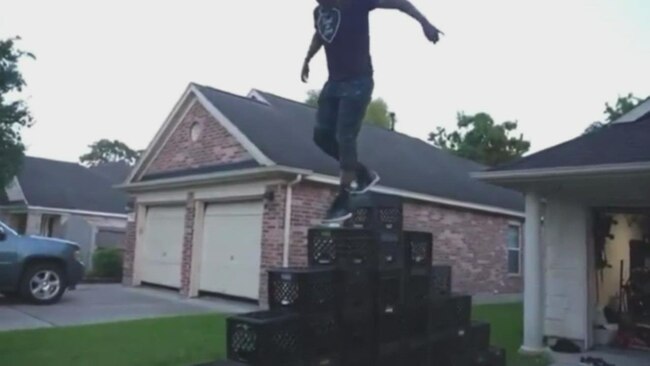 The Milk Crate Challenge: Players attempt to climb a pyramid of stacked plastic milk crates arranged in a formation resembling a staircase. The goal is to reach the top of the stack and then descend without falling. A large number of participants suffered broken bones and there were several reports of people suffering spinal fractures and traumatic brain injuries. Picture: YouTube