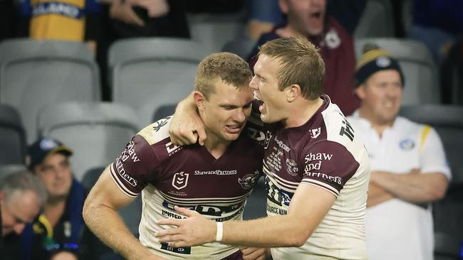 SYDNEY, AUSTRALIA – MAY 23: Tom and Jake Trbojevic of Manly celebrate their win during the round 11 NRL match between the Parramatta Eels and the Manly Sea Eagles at Bankwest Stadium, on May 23, 2021, in Sydney, Australia. (Photo by Mark Evans/Getty Images)