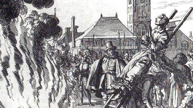 Detail of an illustration depicting the burning of 16th-century Dutch Anabaptist Anneken Hendriks.