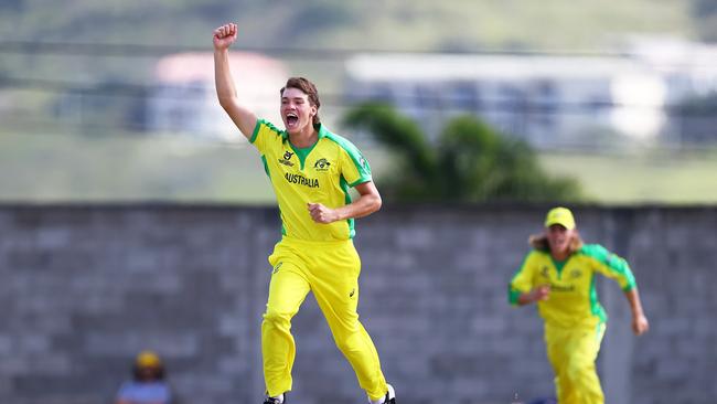 Josh Garner of Australia celebrates the wicket of Anjala Bandara of Sri Lanka during the ICC U19 Men's Cricket World Cup match between Australia and Sri Lanka at Conaree Sports Club on January 17, 2022 in Basseterre, Saint Kitts and Nevis. Picture: Michael Steele-ICC/ICC via Getty Images