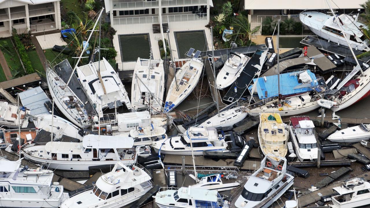 Boats in Port Hinchinbrook after destructive winds and storm surge from Cyclone Yasi in 2011. Picture: Evan Morgan