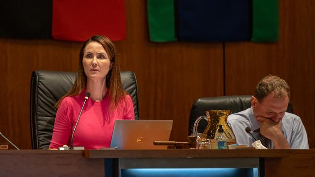 Cairns Regional Council Mayor Amy Eden and interim CEO John Andrejic at an ordinary Council meeting held on June 5, 2024. Picture Emily Barker.