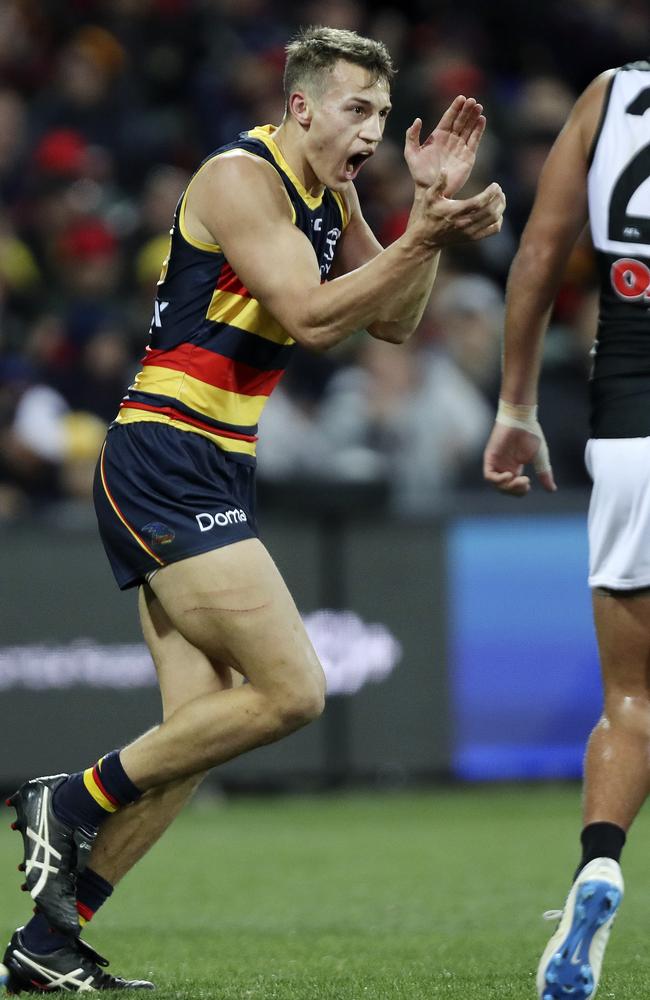 Adelaide’s Tom Doedee celebrates a goal in the Showdown. Picture: Sarah Reed