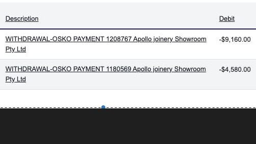 The payments that Veronica made to Apollo Showrooms before the business went bust.