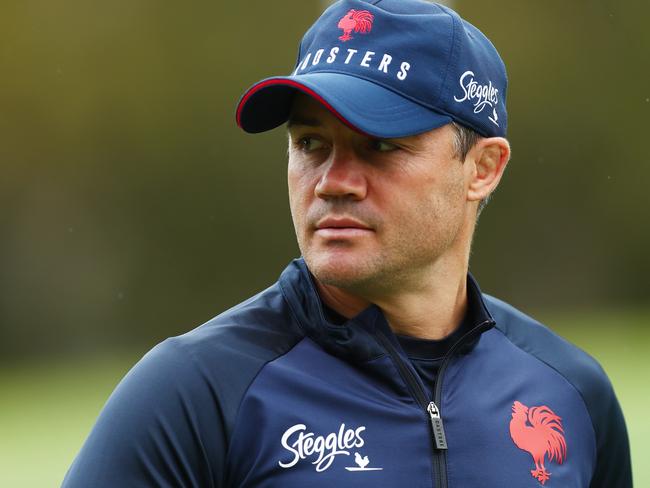 SYDNEY, AUSTRALIA - MARCH 29: Roosters assistant coach Cooper Cronk looks on during a Sydney Roosters NRL training session at Kippax Lake on March 29, 2022 in Sydney, Australia. (Photo by Mark Metcalfe/Getty Images)