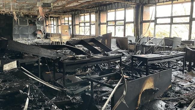 The aftermath of a fire which broke out inside an abandoned school building in Hay St, Box Hill South, on May 15, 2022. Picture: Kiel Egging.