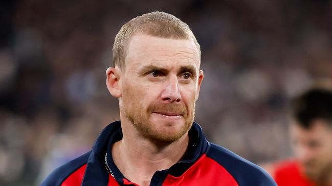 MELBOURNE, AUSTRALIA - SEPTEMBER 15: Simon Goodwin, Senior Coach of the Demons looks dejected after a loss  during the 2023 AFL First Semi Final match between the Melbourne Demons and the Carlton Blues at Melbourne Cricket Ground on September 15, 2023 in Melbourne, Australia. (Photo by Dylan Burns/AFL Photos via Getty Images)