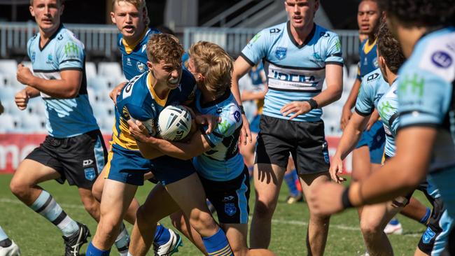Ethan Sanders attempts to break through a tackle at PointsBet Stadium, Woolooware, where the Eels won 30-10. Picture: Monique Harmer