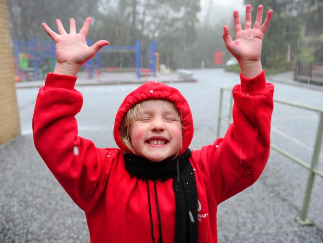 A Olinda Primary School student takes in a quick burst of snow after a hailstorm.