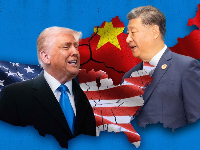 9 March 2025; A photo comp of Donald Trump and Xi Jinping floating on their countries with their respective flags behind the. Artwork by Emilia Tortorella. Sources: supplied and iStock. Ratio 16:9.