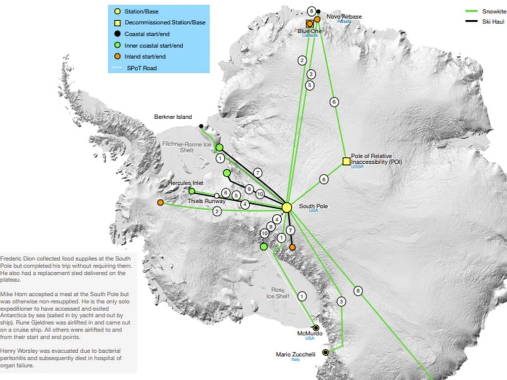 The routes of previous attempts to cross Antarctica unguided. Picture: Icetrek