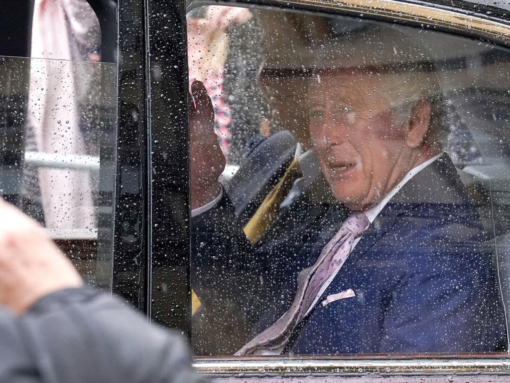 King Charles III leaves Westminster Abbey in London, after a rehearsal ahead of his Coronation. Picture: Getty