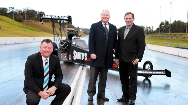 Sydney Dragway general manager Peter Beaumont, Prospect state Labor MP Hugh McDermott and Blacktown Mayor Stephen Bali MP have welcomed $11 million in state funding. Picture: Angelo Velardo