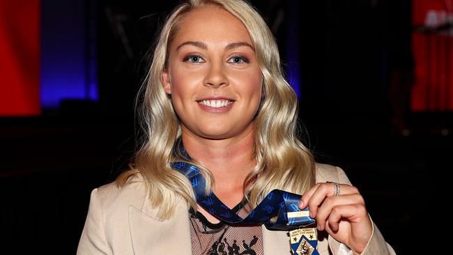 VARIOUS CITIES, AUSTRALIA – APRIL 20: Tyla Hanks of the Demons is awarded the NAB Rising Star award during the 2021 AFLW W Awards at Crown Palladium on April 20, 2021 in Melbourne, Australia. (Photo by Kelly Defina/AFL Photos/via Getty Images)