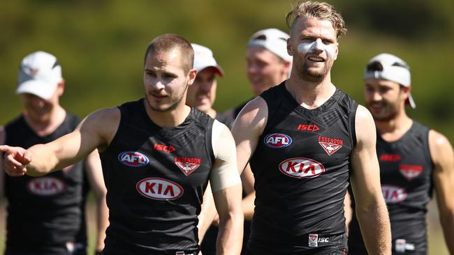 David Zaharakis and Jake Stringer at Essendon pre-season training. Picture: Getty Images