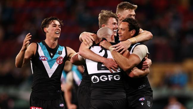 The Power celebrate a late Sam Powell-Pepper goal in the qualifying win over Geelong. Picture: Daniel Kalisz/Getty Images)