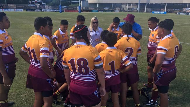 Keebra Park SHS listen to the coach at halftime.