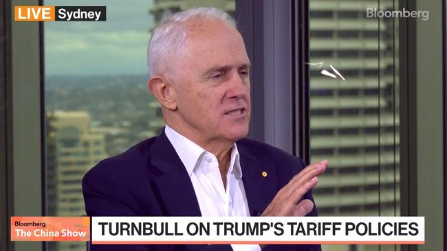 Former prime minister Malcolm Turnbull being interviewed on Bloomberg's The China Show about the Trump administration's tariffs on trading partners and its impact on relations with China.