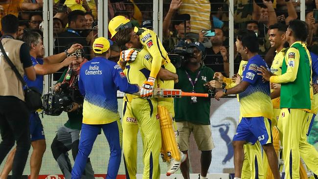 Chennai Super Kings teammates MS Dhoni and Ravindra Jadeja celebrate after winning the 2023 IPL Final. Picture: Getty Images