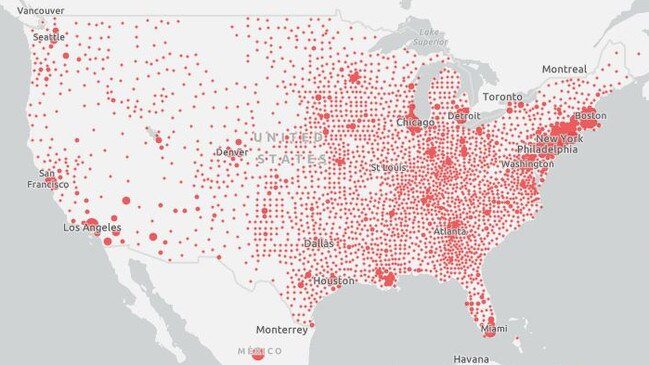 New York quickly became the epicentre of America's virus outbreak. Picture: Johns Hopkins University