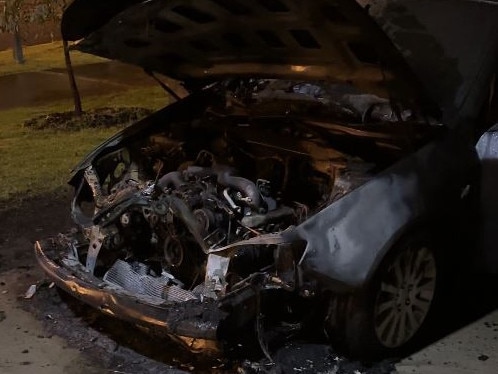 The charred remains of a vehicle set alight by Tsai-Wei Hung. Picture: Supplied