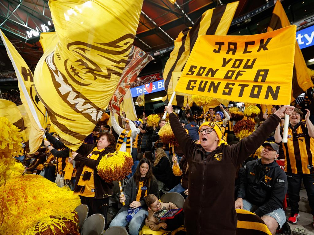 The Hawks cheer squad was ecstatic during its side’s win over the Lions. Picture: Dylan Burns/AFL Photos via Getty Images.