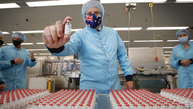 Prime Minister Scott Morrison visits the CSL facility that is manufacturing Australia's Oxford-AstraZeneca vaccines. Picture: David Caird-Pool/Getty Images