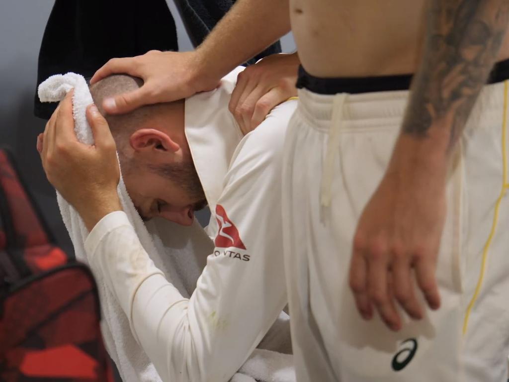 Teammates comfort Nathan Lyon after the loss. Picture: Amazon