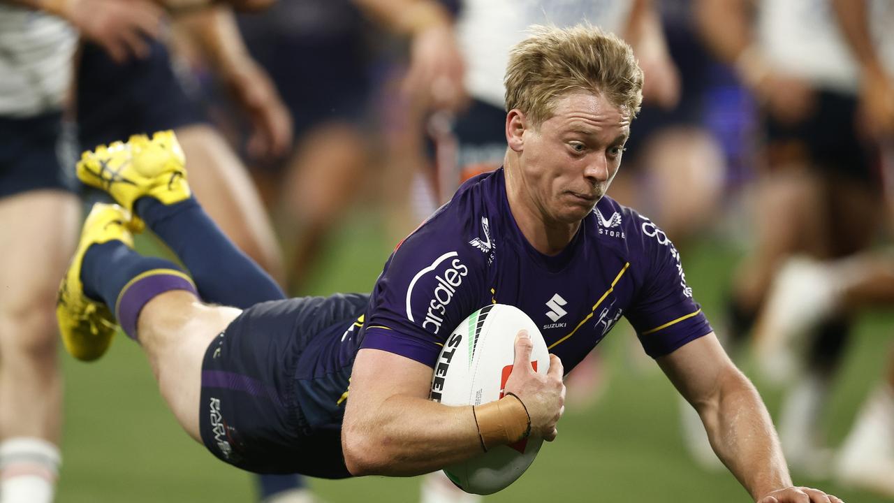 Tyran Wishart dives over to score for the Storm in the NRL semi final against the Sydney Roosters at AAMI Park. Picture: Getty Images