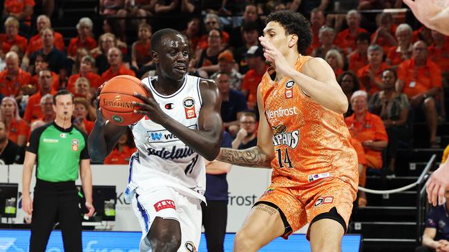 Adelaide's Lat Mayen controls the play in the National Basketball League (NBL) match between the Cairns Taipans and the Adelaide 36ers, held at the Cairns Convention Centre. Picture: Brendan Radke