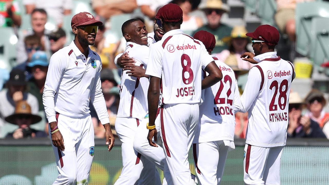 Shamar Joseph of the West Indies celebrates the wicket of Steve Smith. (Photo by Paul Kane/Getty Images)