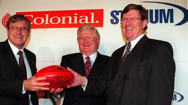 Then chief executive Wayne Jackson (right) with Seven Network chairman Kerry Stokes (left) and Colonial CEO Peter Smedley (middle) on 30th March, 1999. Picture: Colin Murty.