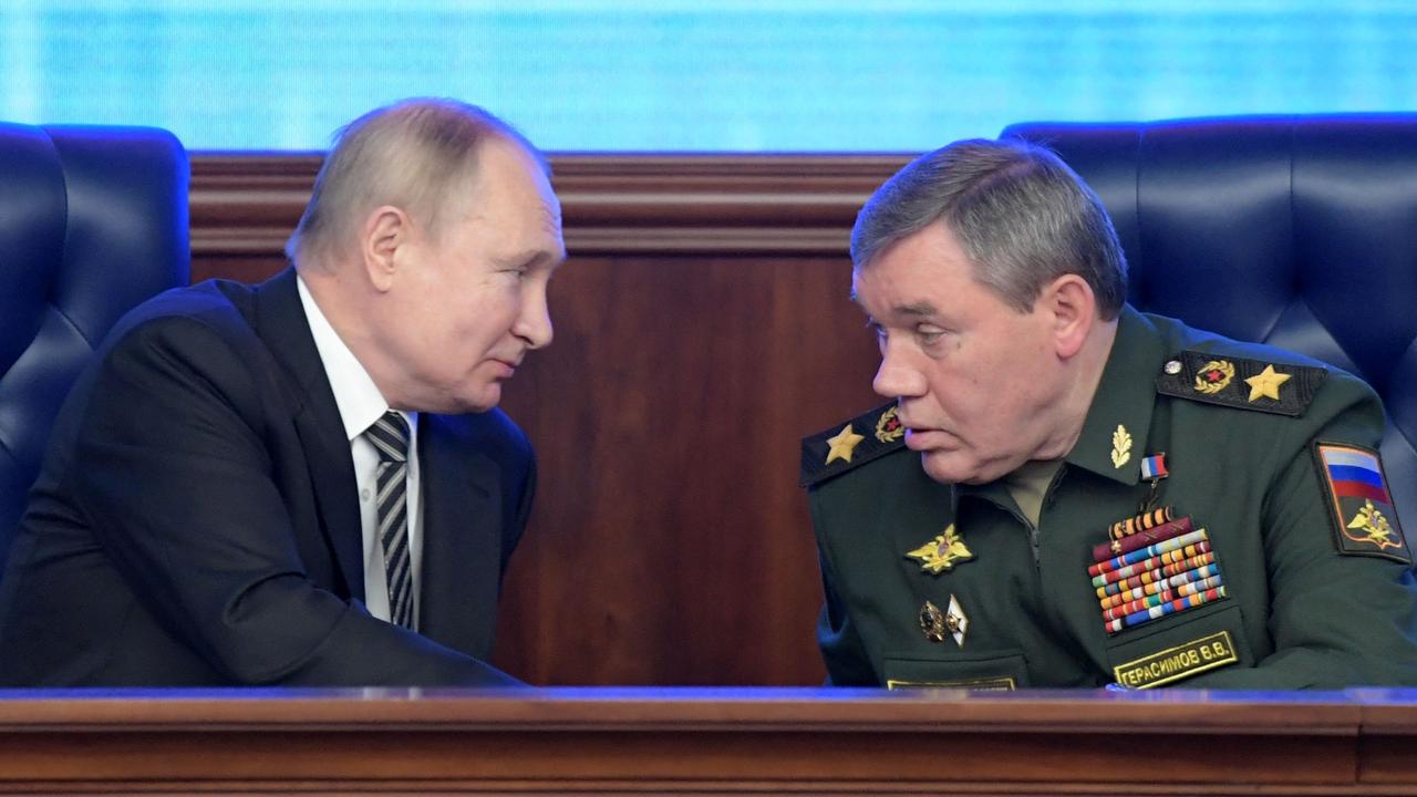 Putin with Chief of the General Staff of the Russian Armed Forces Valery Gerasimov. Picture: Sergei Guneyev / SPUTNIK / AFP