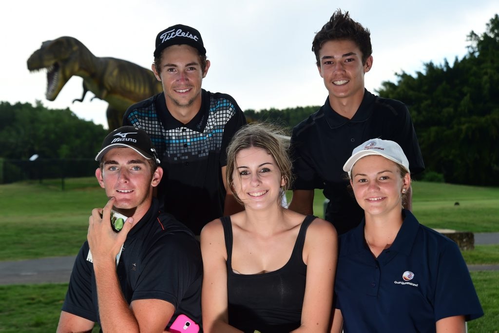 (rear left) Steven Cox, Lachlan Coleborn, (front left) Ryley Martin, Britt Olsson and Aneka Park at the 2014 Greg Norman Junior Masters presentation at Palmer Coolum Resort. Photo: Iain Curry / Sunshine Coast Daily. Picture: Iain Curry