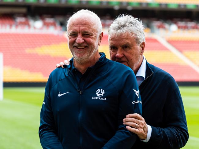 Hiddink spent the week jesting with his old coaching assistant Graham Arnold. Picture: Michael Puterflam/FFA