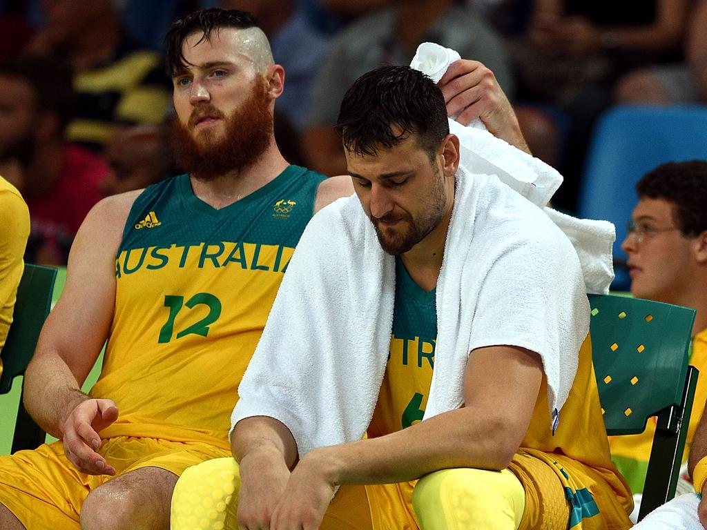 Aron Baynes and Andrew Bogut were teammates on the Boomers. Picture: AAP