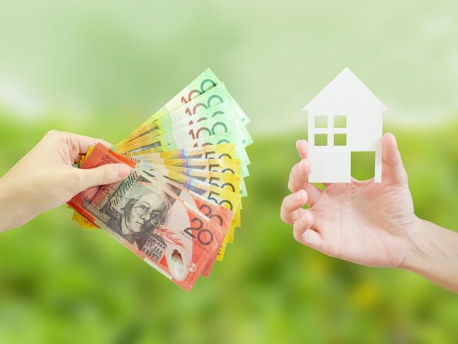 Client giving Australian money to property agent for buying house. Property and real estate concept. Housing invest generic.