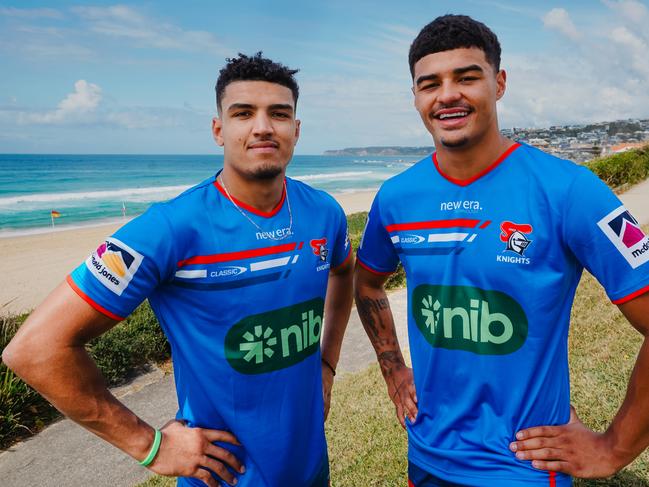 English recruits Kai Pearce-Paul and Will Pryce wearing Newcastle colours for the first time. Credit: Supplied.