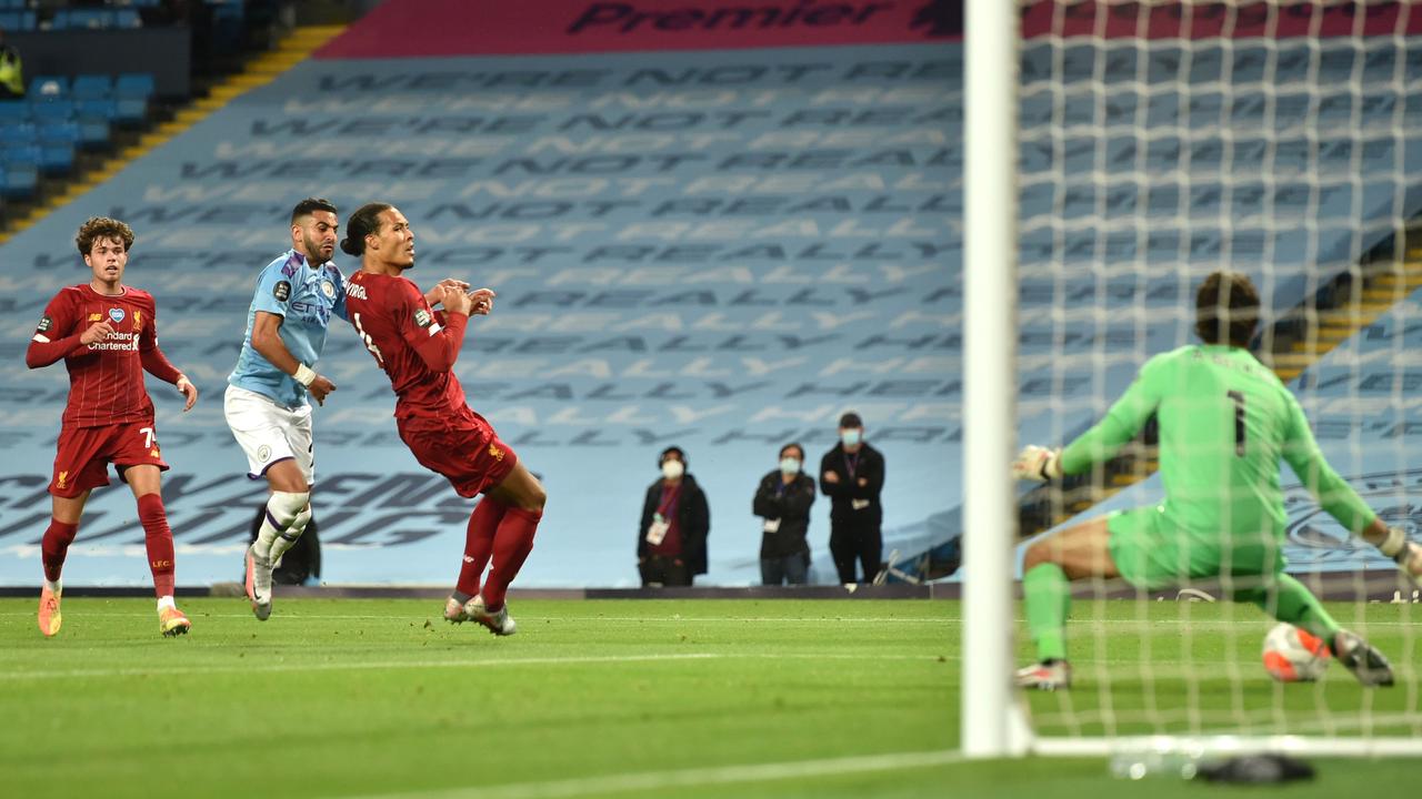 Riyad Mahrez scores his team's fifth goal but it is disallowed by VAR. (Photo by Peter Powell/Pool via Getty Images)