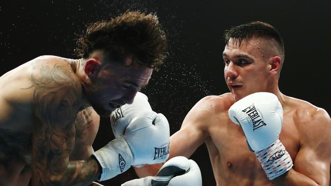 Tszyu takes care of Jack Brubaker during their IBF Australasian super welterweight title fight in Sydney last December.