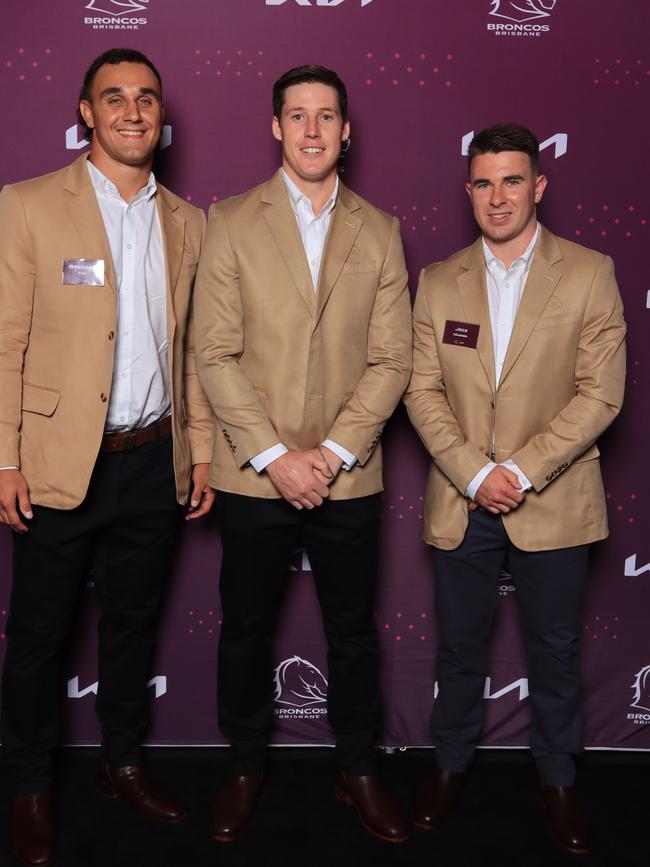 Brendan Frei, Josh Rogers and Jock Madden at the Brisbane Broncos’ season launch at Water’s Edge, Hamilton. Picture: David Clark
