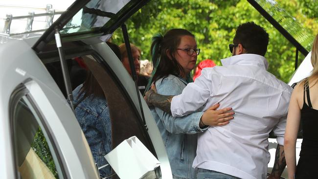 Mother Jasmine Beck after the funeral of her children Isaac McGregor, Ashlynn McGregor and Saige McGregor, who were killed in a shed fire in Corio. Picture: Alison Wynd