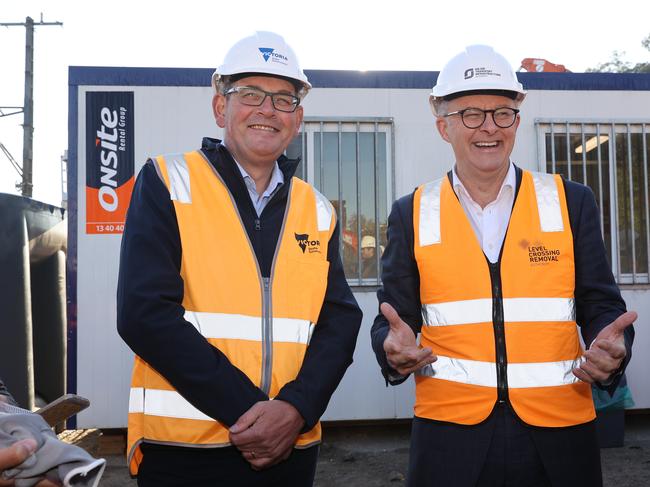 Labor leader Anthony Albanese visits a train station upgrade at Surrey Hills in Melbourne this morning with Victoria Premier Dan Andrews. Picture: Sam Ruttyn