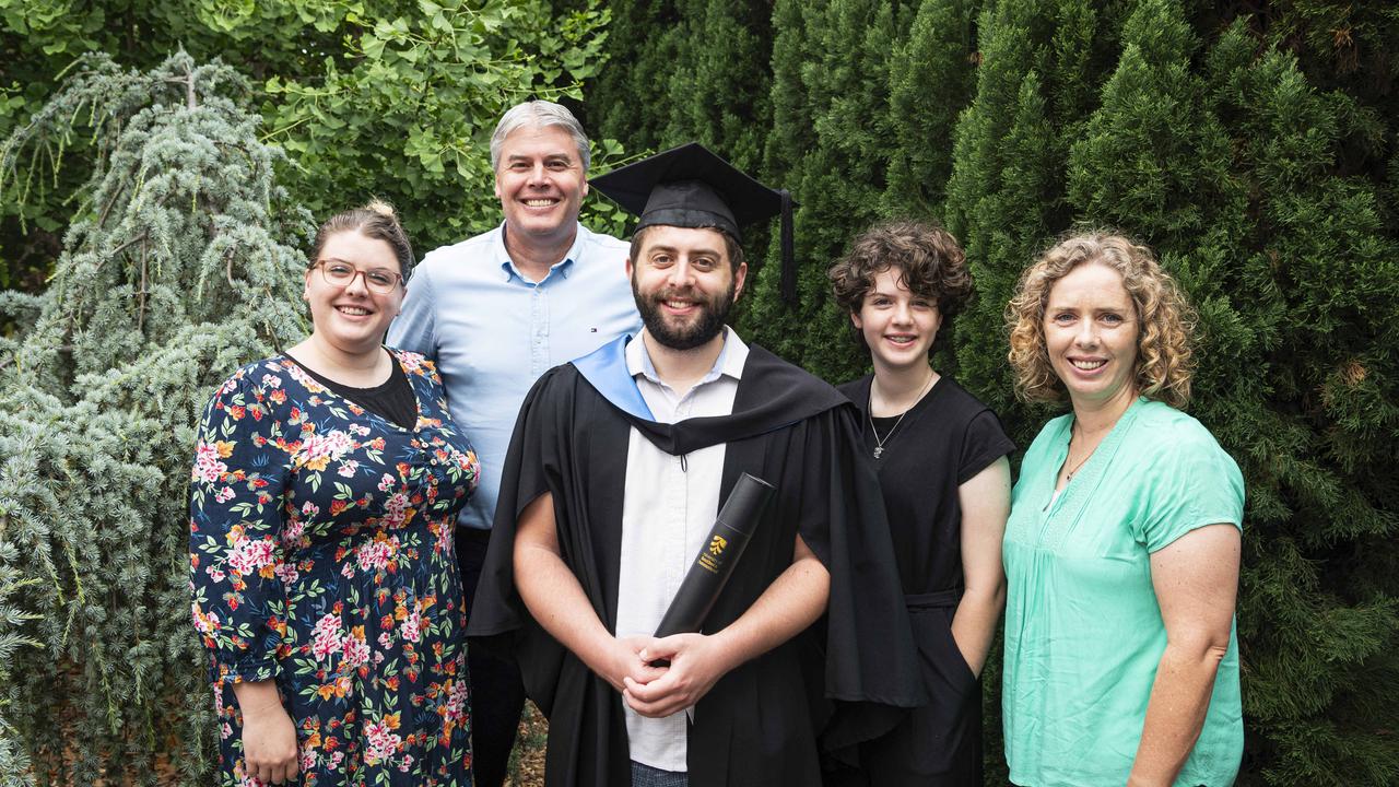 Bachelor of Science graduate Ethan Chick with family (from left) Caitlin, David, Tahnee and Lucy Chick at a UniSQ graduation ceremony at The Empire, Wednesday, October 30, 2024. Picture: Kevin Farmer