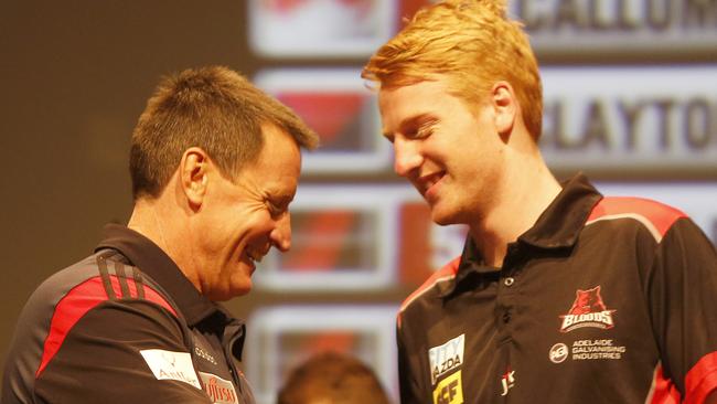 24/11/15 - AFL Draft 2015 - Pick 6 Aaron Francis to Essendon with John Worsfold Picture Simon Cross